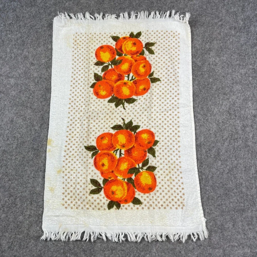 Vintage Town House Kitchen Terry Towel Oranges Polka Dot Fringe MCM 50s USA